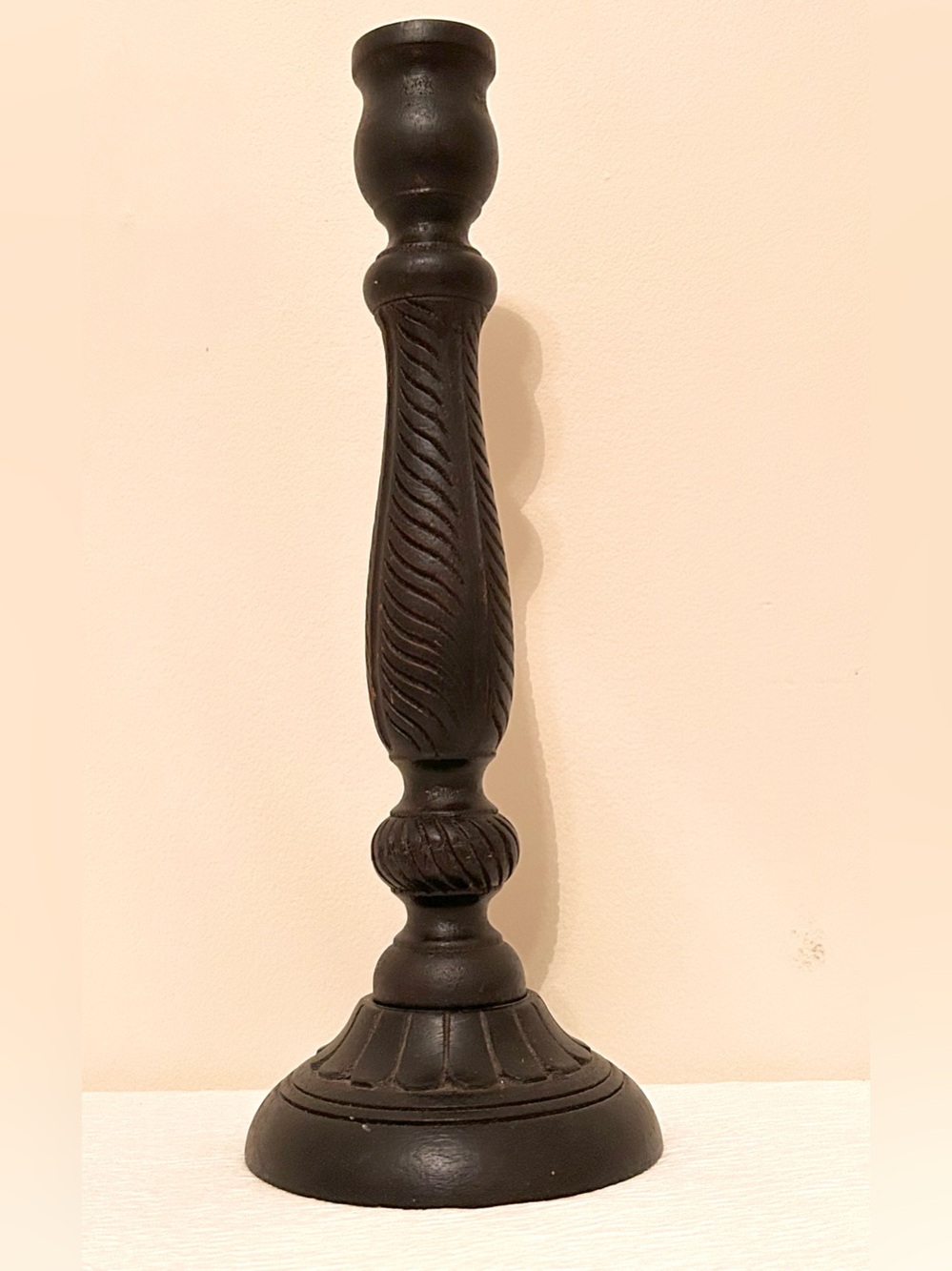 Two's Company Hand Carved Dark Wooden Candle Stick Holder, 14”